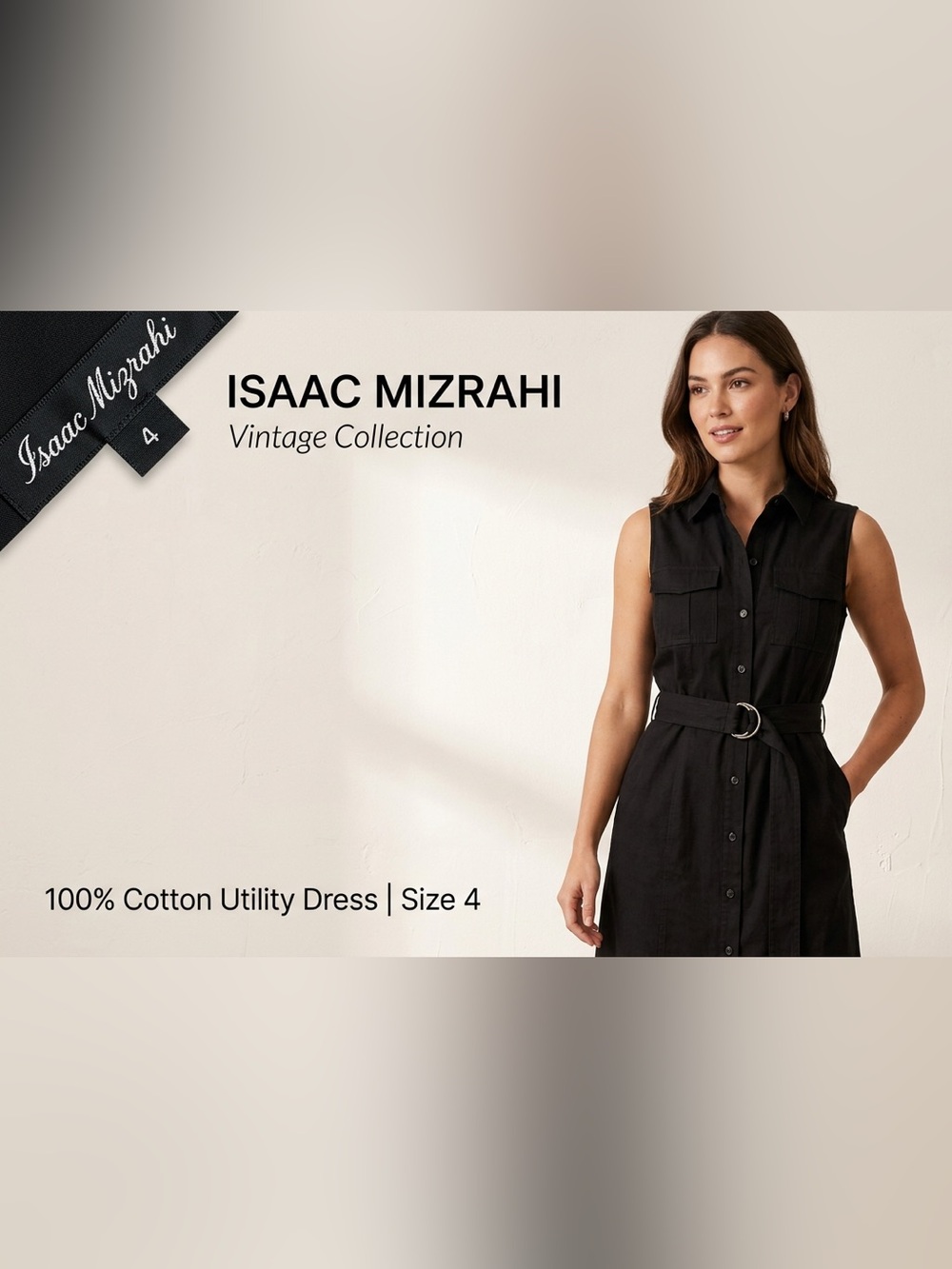 Vintage Isaac Mizrahi
Black Cotton Sleeveless
Belted Shirt Dress - Size 4